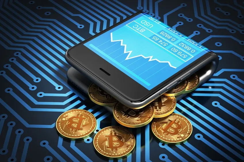 concept of digital wallet and bitcoins on printed circuit board