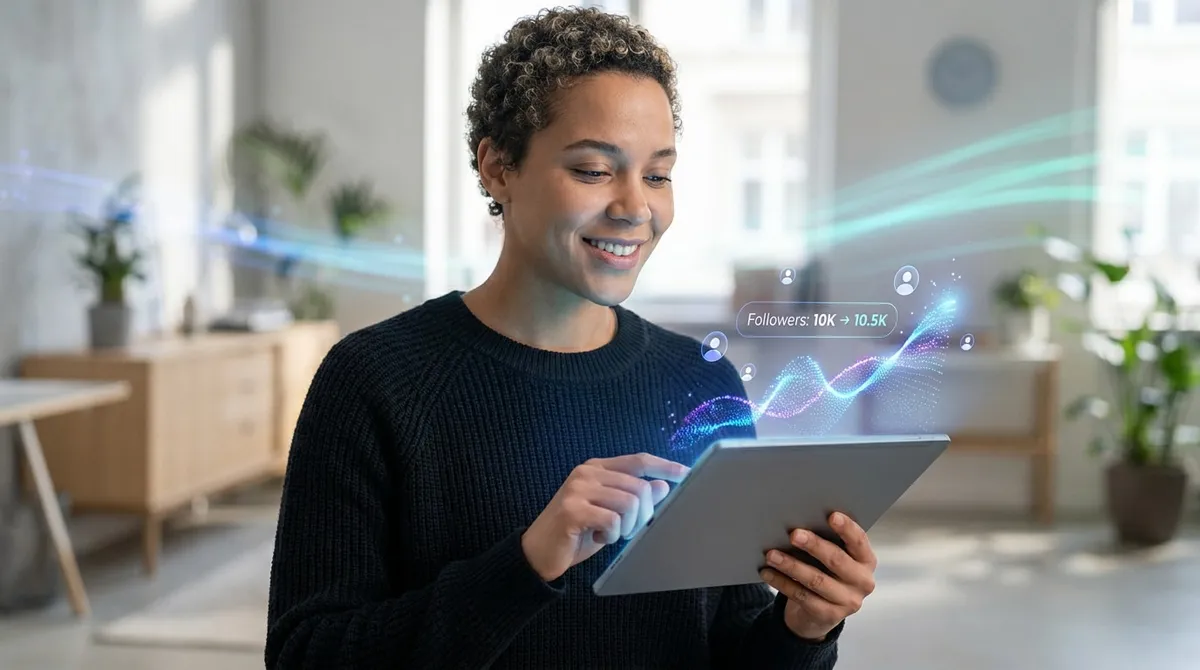 Une femme souriante utilise une tablette avec une projection holographique montrant une croissance de followers Instagram.