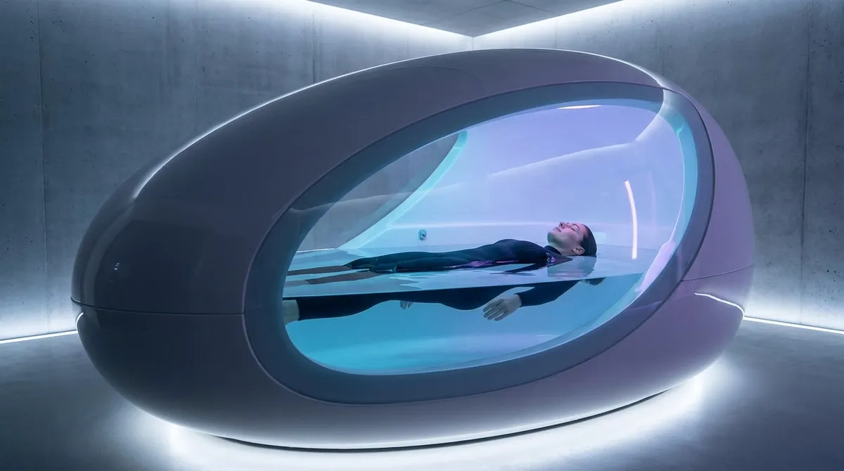 Une femme flotte paisiblement dans un caisson de flottaison futuriste en forme d'œuf au design épuré et lumineux.