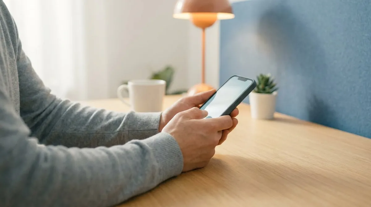 Une personne utilisant un smartphone sur un bureau en bois pour contacter sa banque.