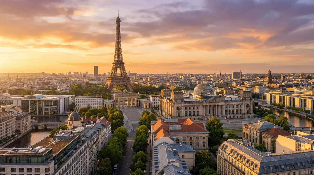 Vue panoramique imaginaire fusionnant la tour Eiffel de Paris et la porte de Brandebourg de Berlin au coucher du soleil.