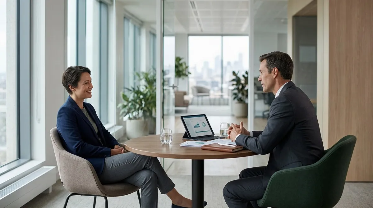 Un homme et une femme en tenue professionnelle discutent autour d'une table ronde dans un bureau moderne.