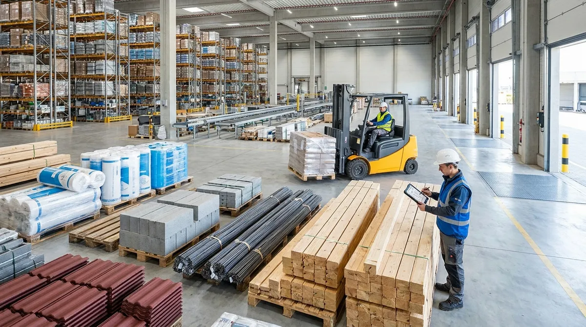 Employé avec casque vérifiant des matériaux dans un entrepôt de distribution avec un cariste en arrière-plan.
