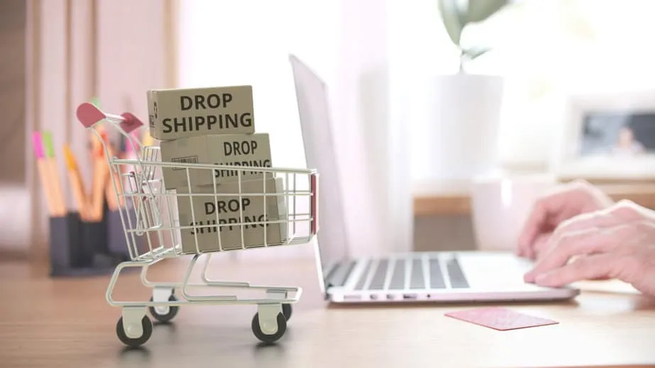 cartons with dropshipping text fall in shopping cart after placing order by customer on the laptop. 3d rendering