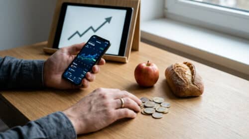 Mains tenant un smartphone avec des graphiques boursiers près d'une pomme, de pain et de pièces de monnaie.