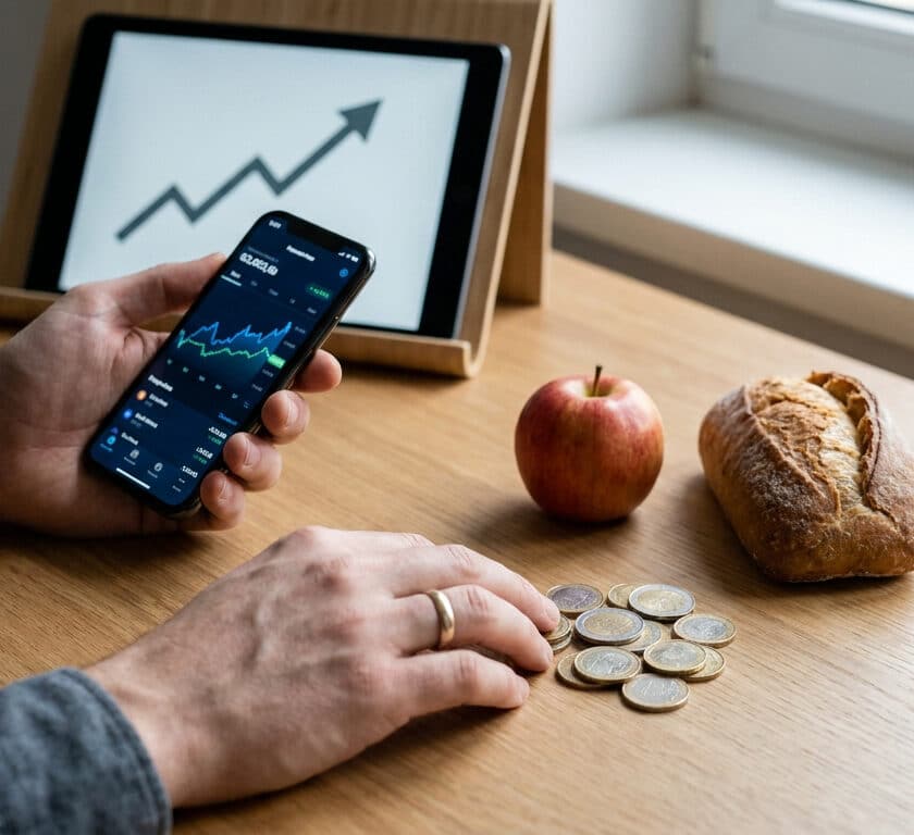 Mains tenant un smartphone avec des graphiques boursiers près d'une pomme, de pain et de pièces de monnaie.