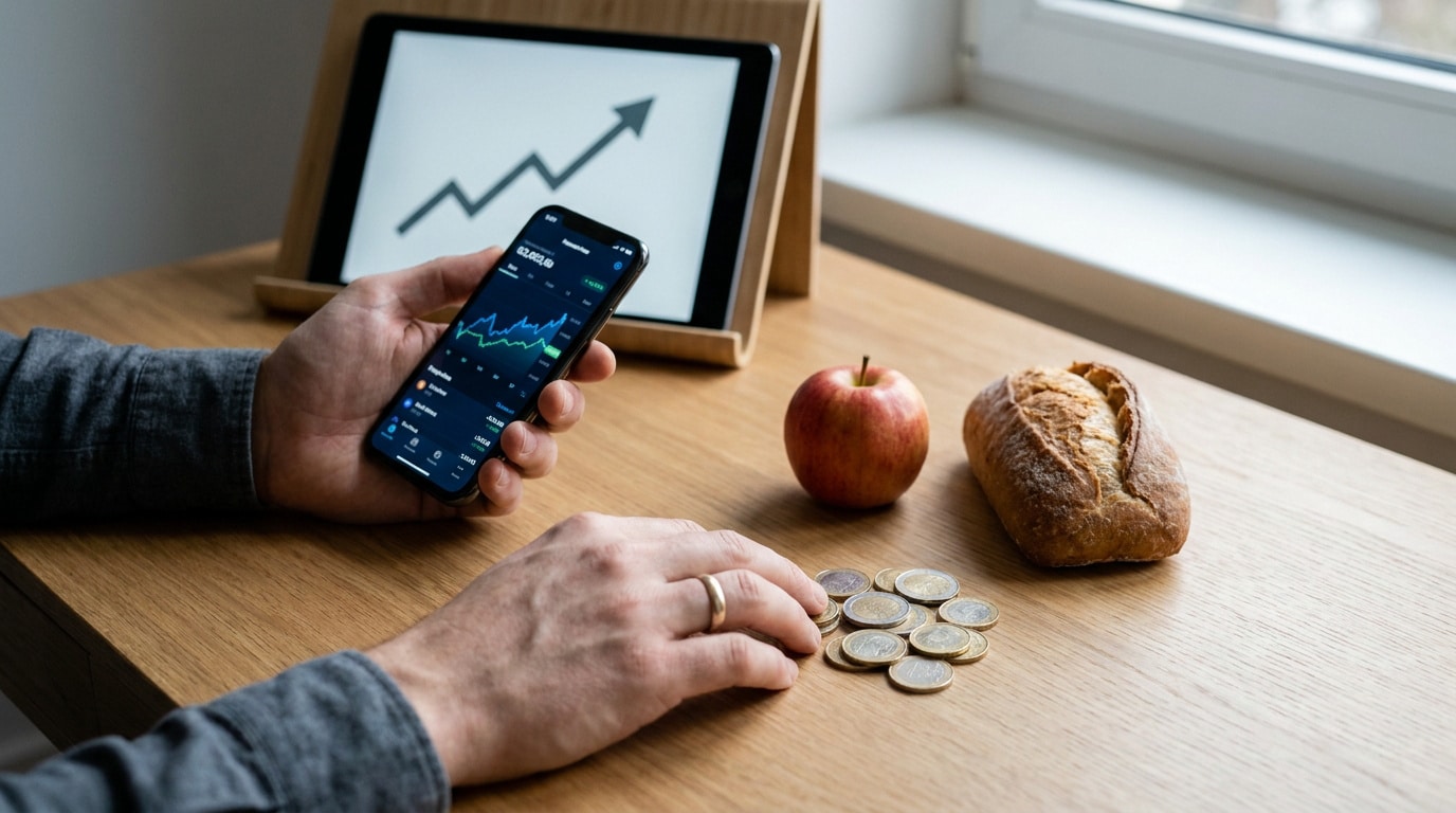 Mains tenant un smartphone avec des graphiques boursiers près d'une pomme, de pain et de pièces de monnaie.