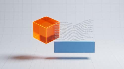 Un cube orange flottant à côté d'un bloc bleu avec du texte superposé sur un fond à grille technique.