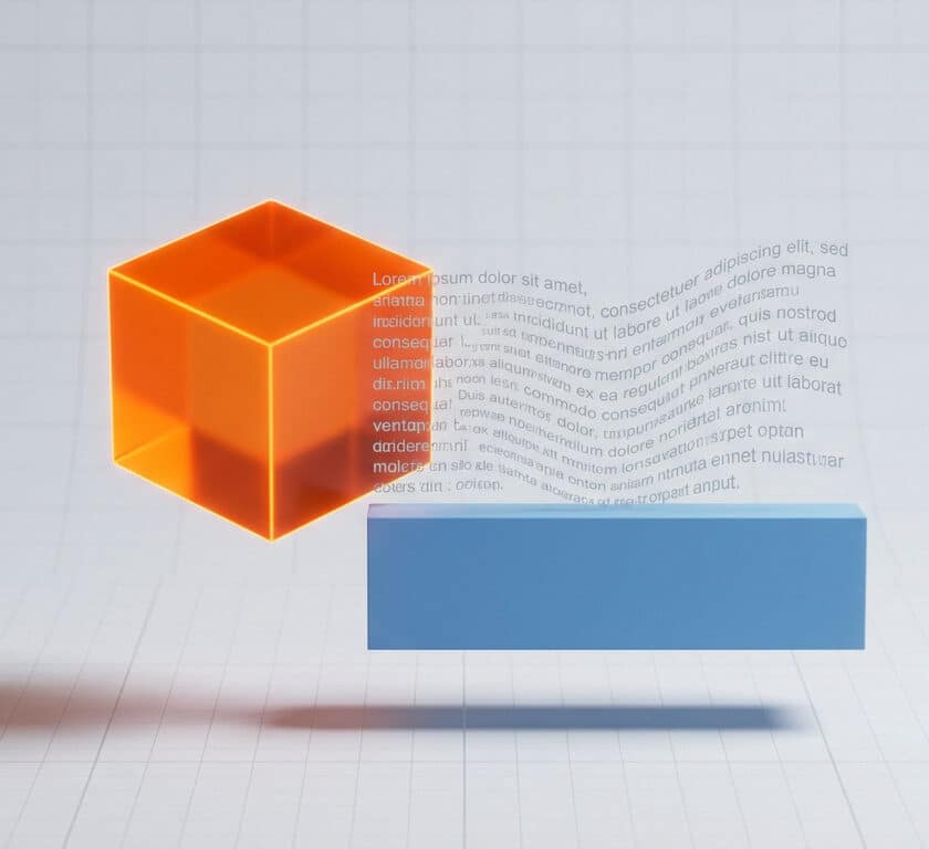 Un cube orange flottant à côté d'un bloc bleu avec du texte superposé sur un fond à grille technique.