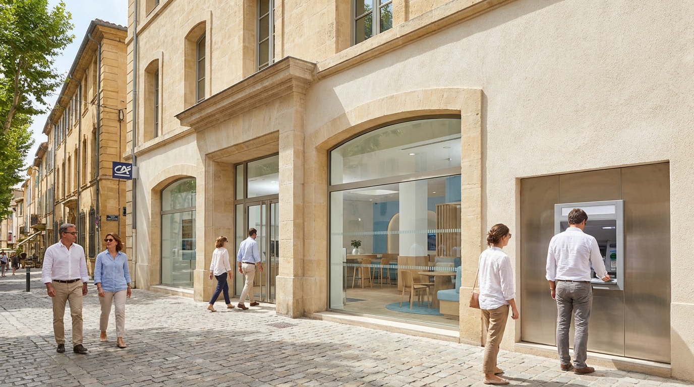 Façade d'une agence bancaire moderne avec des clients marchant sur un trottoir pavé et une personne au distributeur.