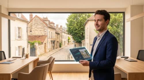 Agent immobilier en costume présentant une visite virtuelle sur tablette devant une fenêtre donnant sur une rue ancienne.