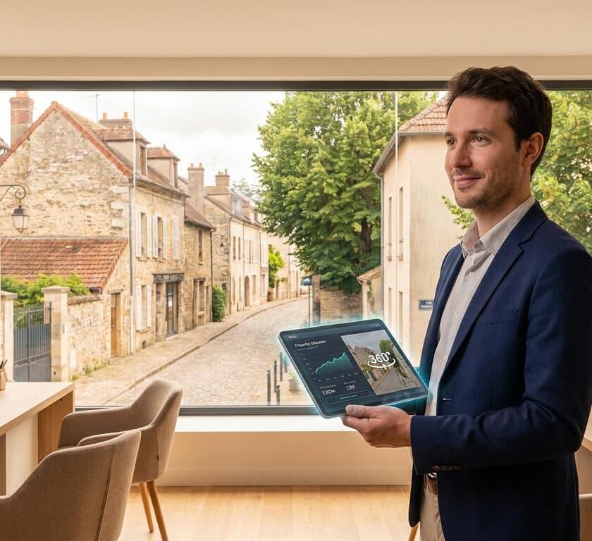 Agent immobilier en costume présentant une visite virtuelle sur tablette devant une fenêtre donnant sur une rue ancienne.
