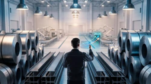 Un technicien examine une projection numérique montrant une hausse du prix de l'acier dans un entrepôt industriel.