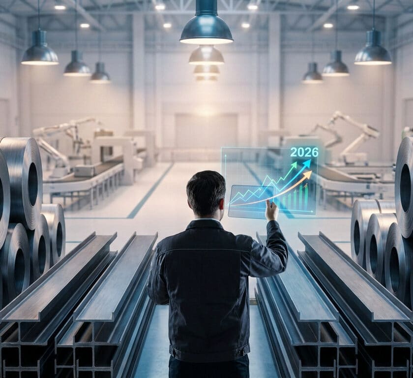 Un technicien examine une projection numérique montrant une hausse du prix de l'acier dans un entrepôt industriel.