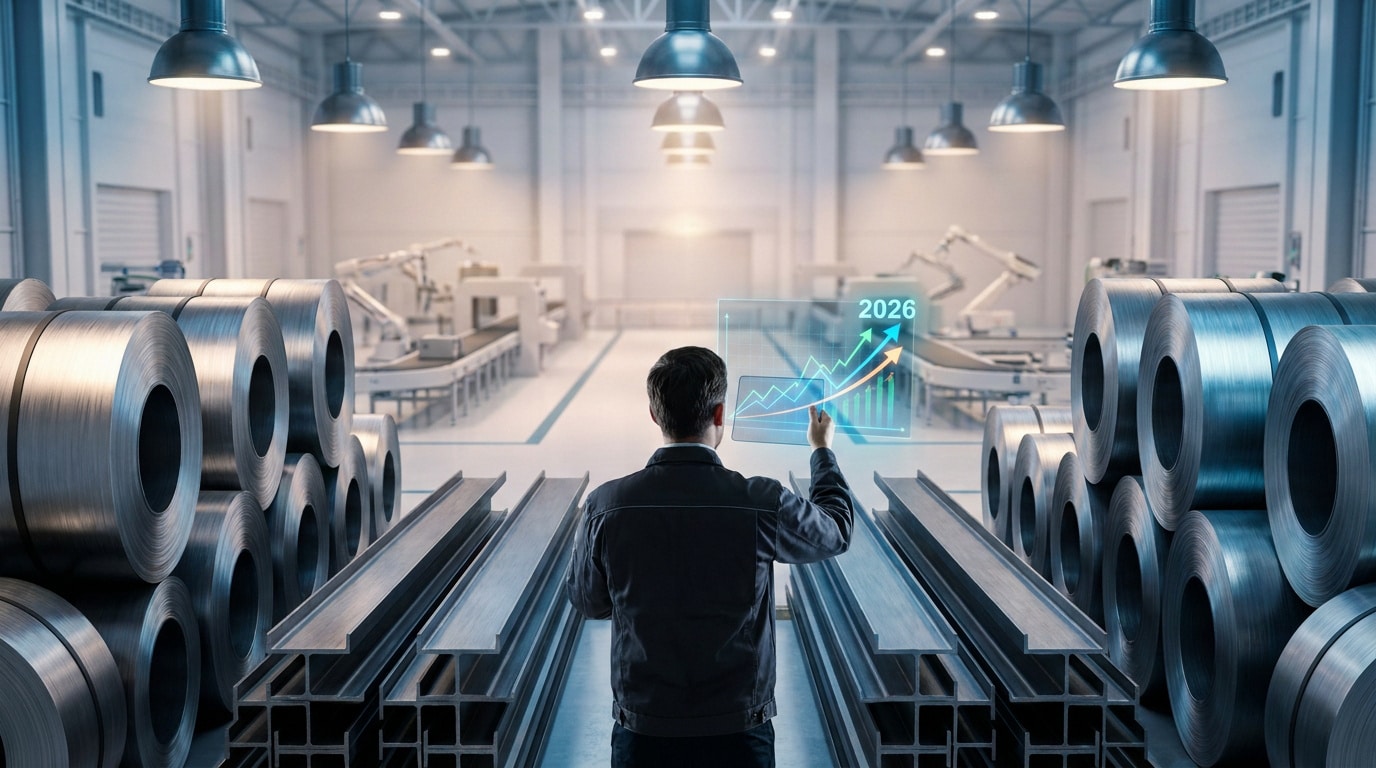 Un technicien examine une projection numérique montrant une hausse du prix de l'acier dans un entrepôt industriel.