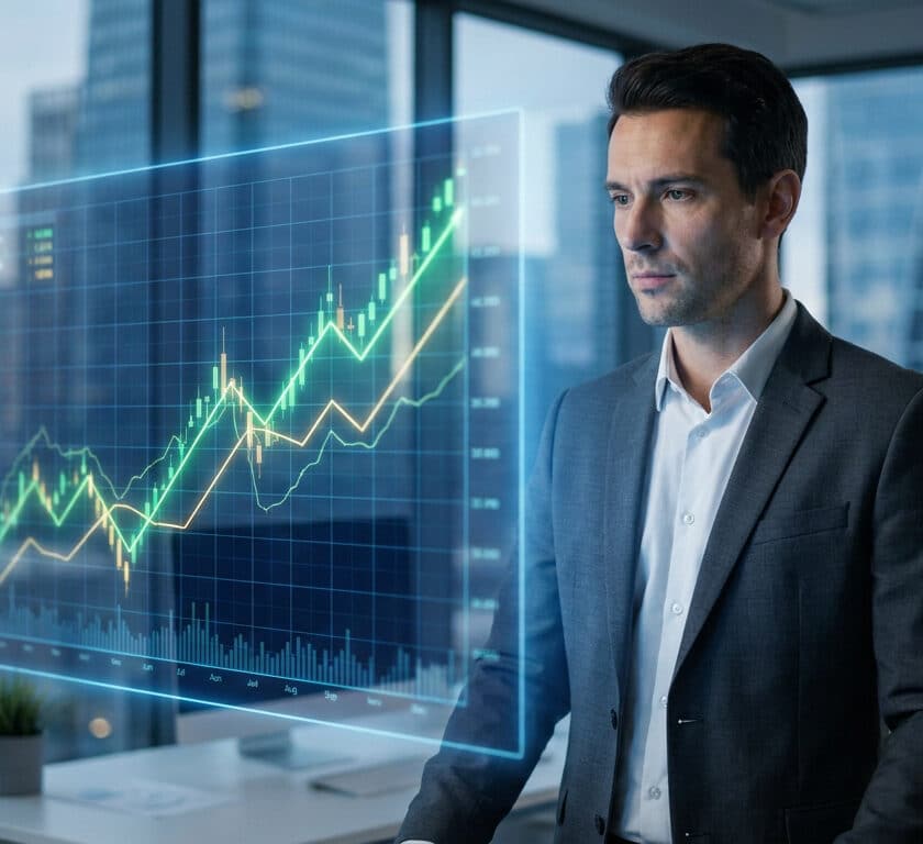 Un homme d'affaires en costume regarde un graphique financier holographique en 3D dans un bureau moderne.