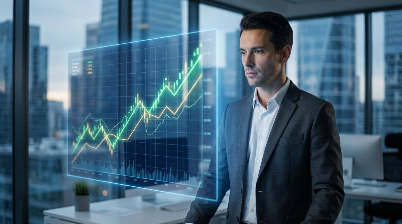 Un homme d'affaires en costume regarde un graphique financier holographique en 3D dans un bureau moderne.