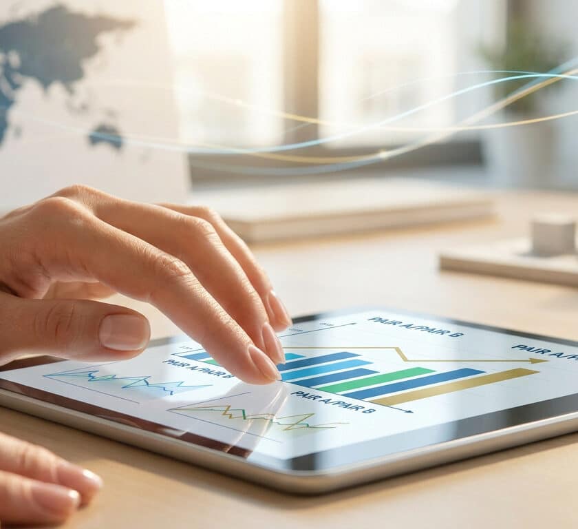Une personne utilisant une tablette affichant des graphiques financiers pour le trading Forex.
