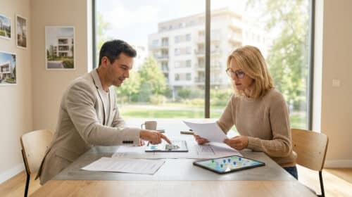 Un conseiller et une cliente examinent des documents et une tablette pour un projet de crédit immobilier.