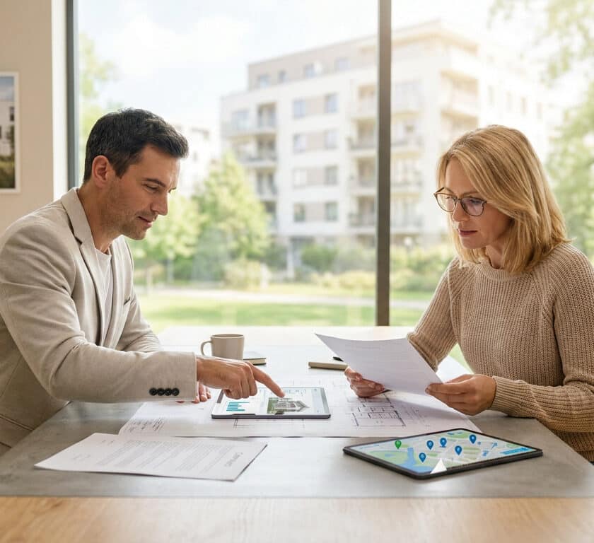 Un conseiller et une cliente examinent des documents et une tablette pour un projet de crédit immobilier.