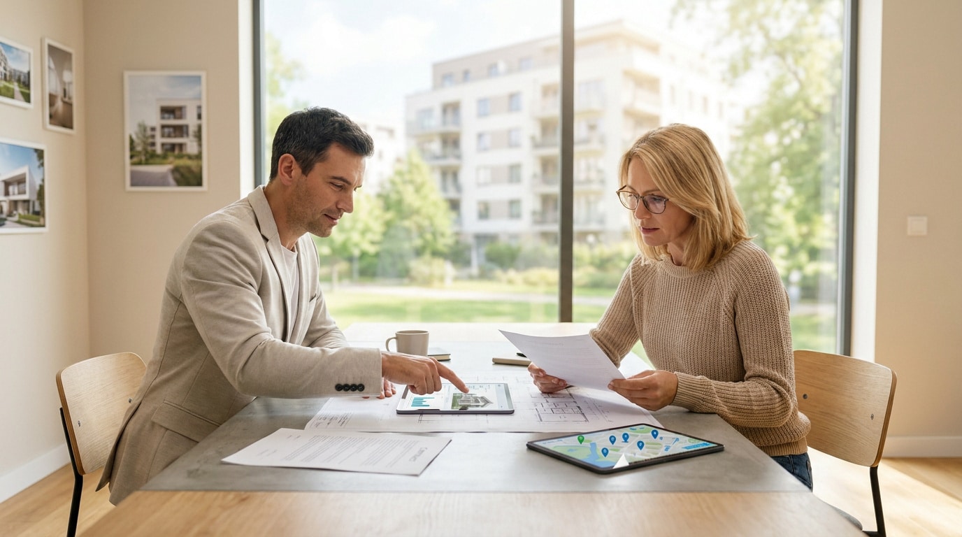 Un conseiller et une cliente examinent des documents et une tablette pour un projet de crédit immobilier.
