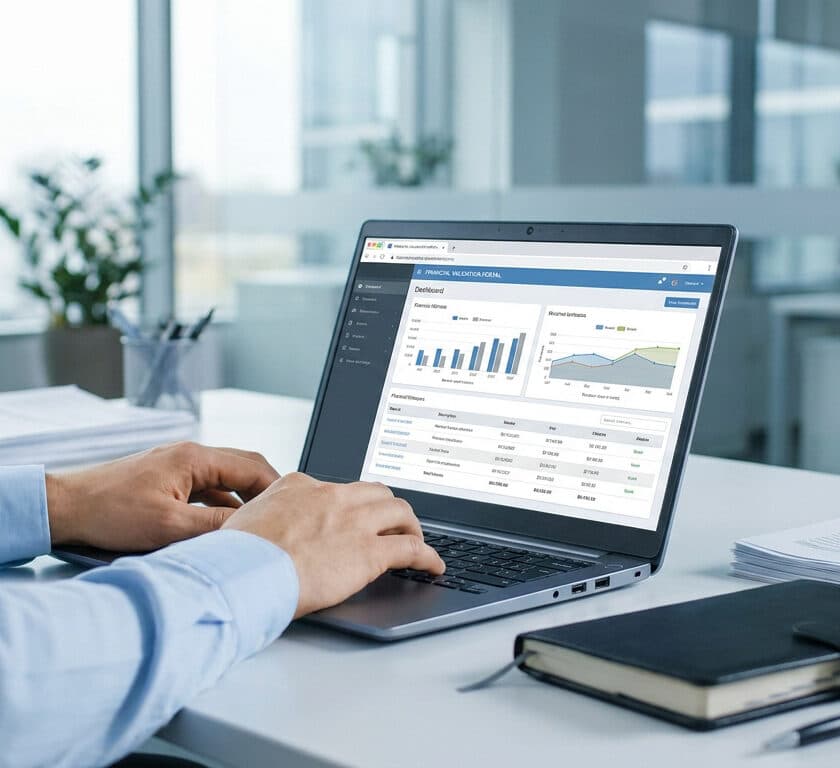 Un professionnel travaillant sur un ordinateur portable affichant un tableau de bord financier dans un bureau lumineux.