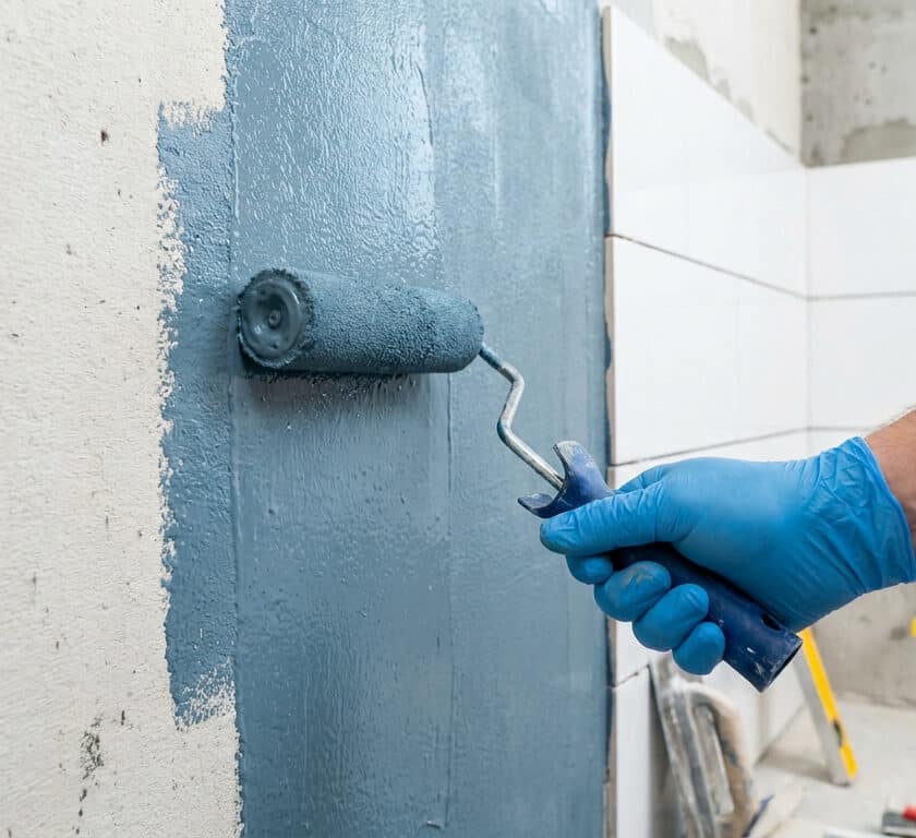 Main gantée en bleu appliquant un revêtement d'étanchéité gris sur un mur avec un rouleau à peinture.