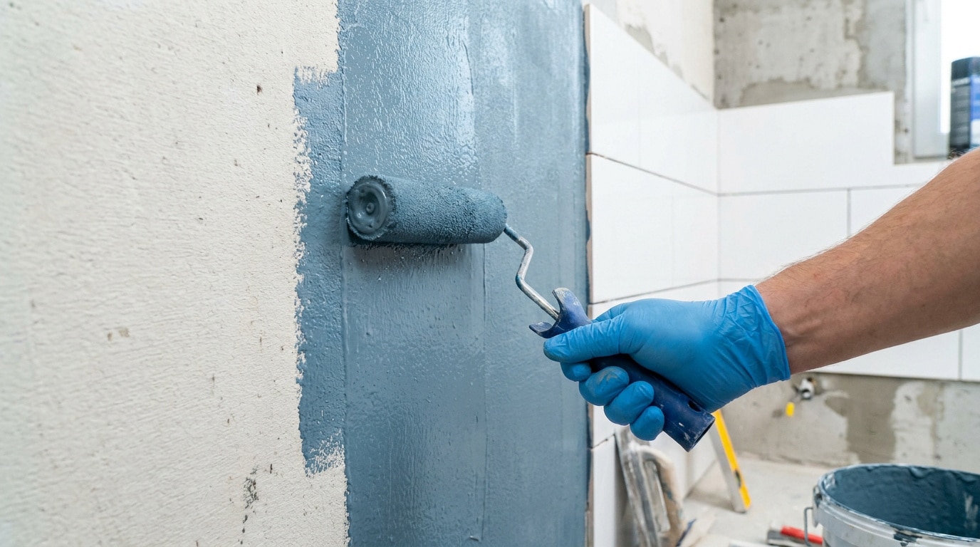 Main gantée en bleu appliquant un revêtement d'étanchéité gris sur un mur avec un rouleau à peinture.