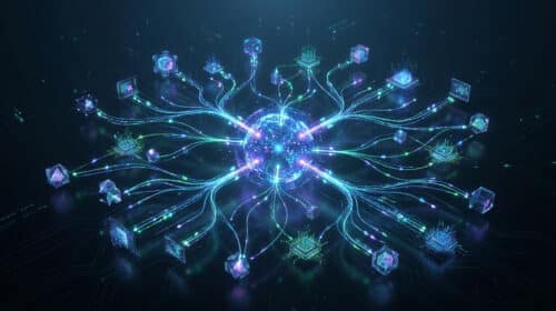 Représentation numérique d'un réseau P2P avec des nœuds connectés à un centre lumineux sur fond sombre.