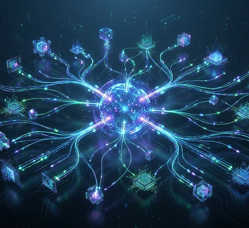 Représentation numérique d'un réseau P2P avec des nœuds connectés à un centre lumineux sur fond sombre.
