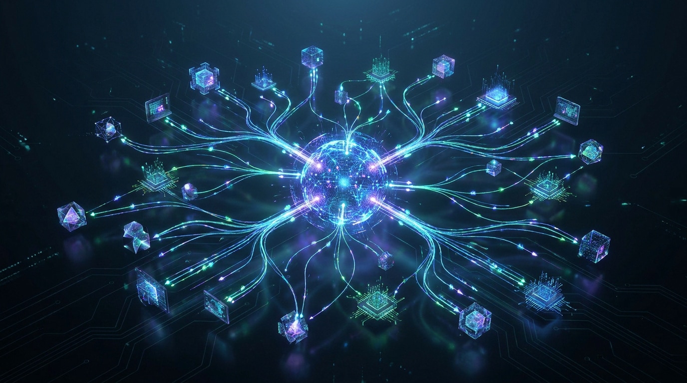 Représentation numérique d'un réseau P2P avec des nœuds connectés à un centre lumineux sur fond sombre.