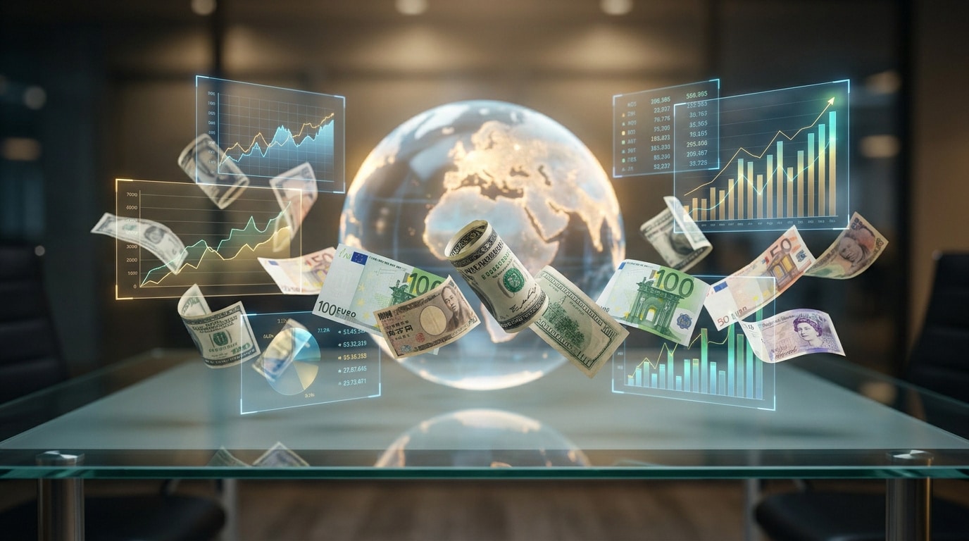 Globe terrestre entouré de billets de banque internationaux et de graphiques financiers flottants dans un bureau.