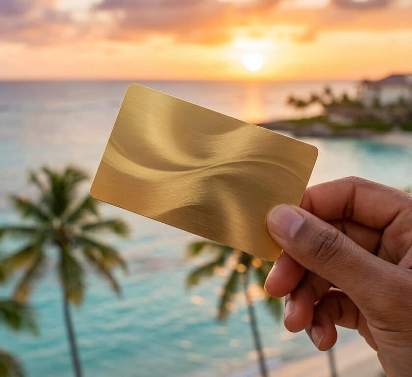 Une main tient une carte bancaire dorée avec un fond de plage tropicale au coucher du soleil.