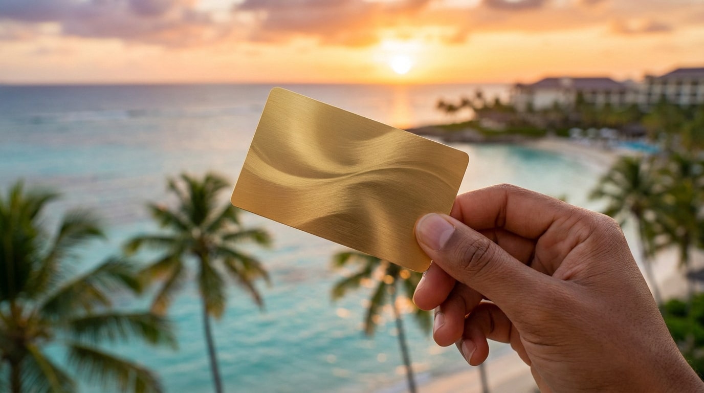Une main tient une carte bancaire dorée avec un fond de plage tropicale au coucher du soleil.