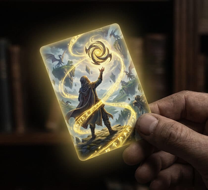 Une main tient une carte brillante illustrée d'un mage invoquant une magie dorée devant des îles flottantes.