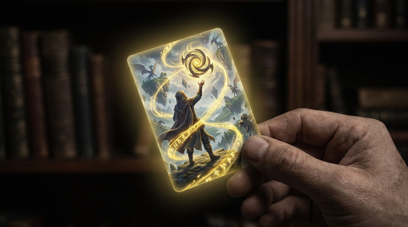 Une main tient une carte brillante illustrée d'un mage invoquant une magie dorée devant des îles flottantes.