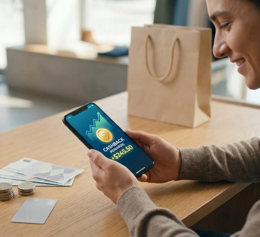 Une personne consulte sur son smartphone une application affichant un gain de cashback après des achats.