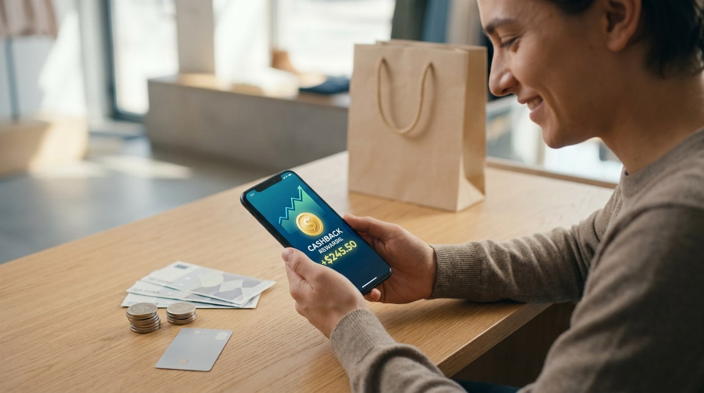 Une personne consulte sur son smartphone une application affichant un gain de cashback après des achats.