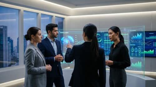 Une équipe de professionnels analyse des données financières sur des écrans tactiles holographiques dans un bureau moderne.