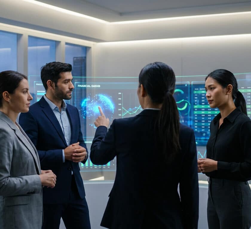 Une équipe de professionnels analyse des données financières sur des écrans tactiles holographiques dans un bureau moderne.
