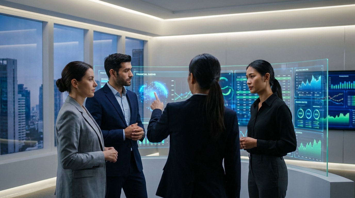 Une équipe de professionnels analyse des données financières sur des écrans tactiles holographiques dans un bureau moderne.