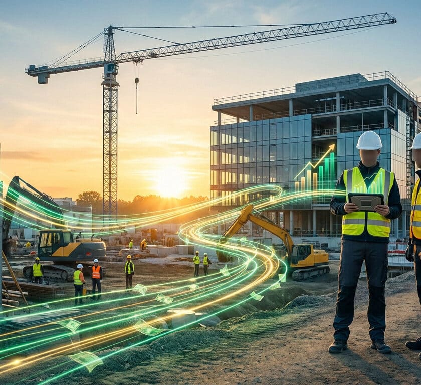 Ingénieurs sur un chantier de construction avec des graphiques financiers digitaux en surimpression au coucher du soleil.