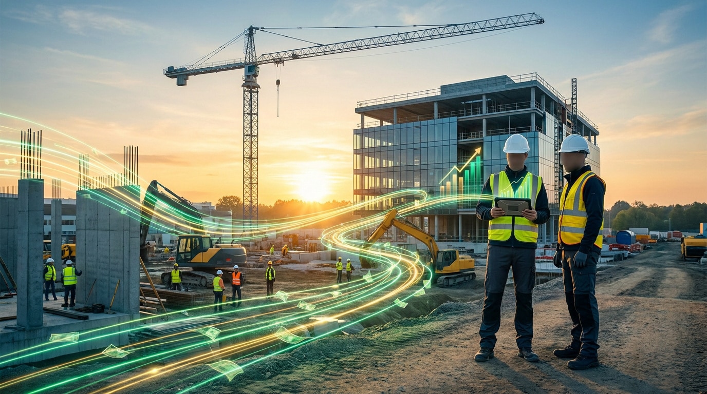 Ingénieurs sur un chantier de construction avec des graphiques financiers digitaux en surimpression au coucher du soleil.