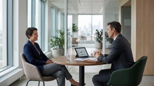 Un homme et une femme en tenue professionnelle discutent autour d'une table ronde dans un bureau moderne.