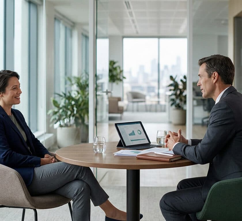 Un homme et une femme en tenue professionnelle discutent autour d'une table ronde dans un bureau moderne.