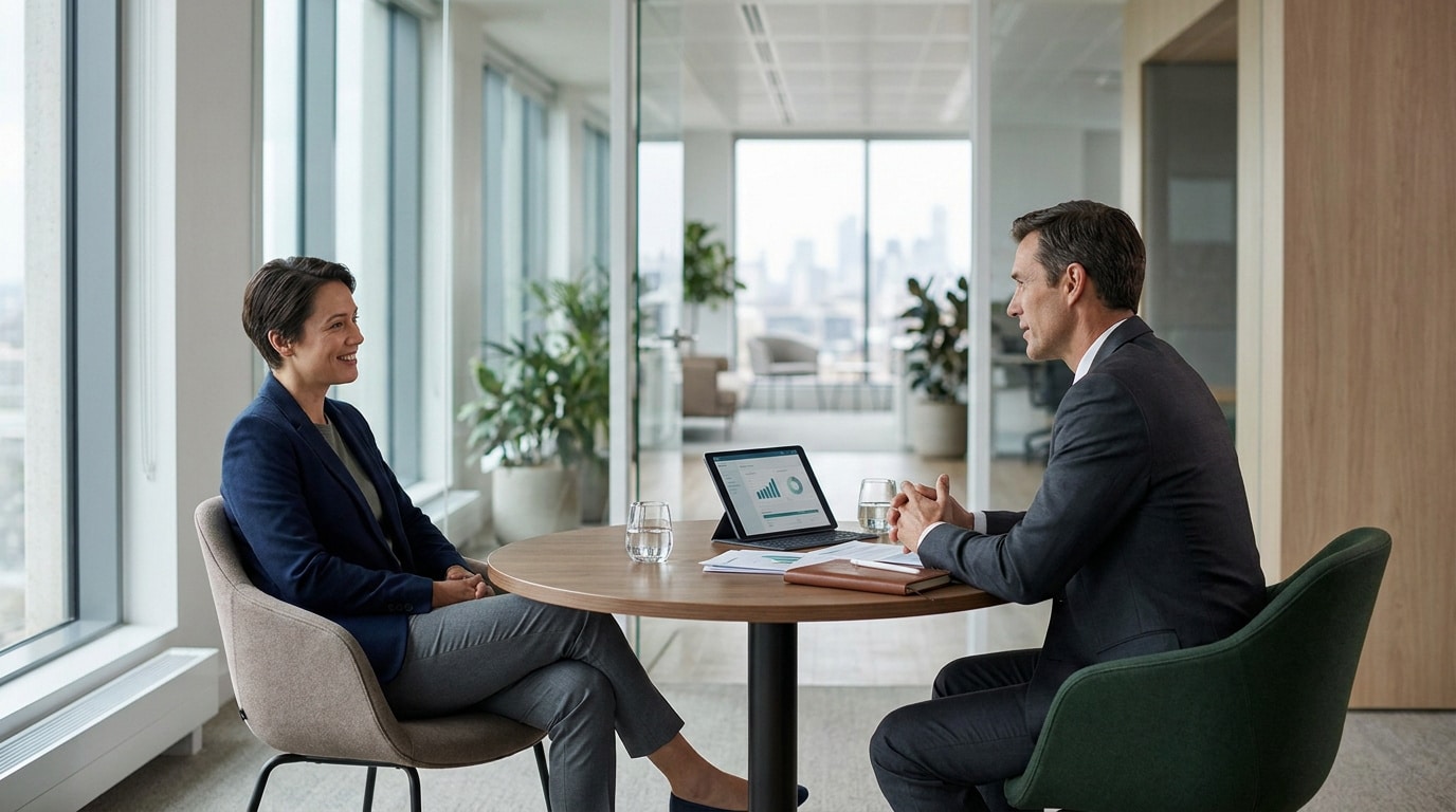Un homme et une femme en tenue professionnelle discutent autour d'une table ronde dans un bureau moderne.