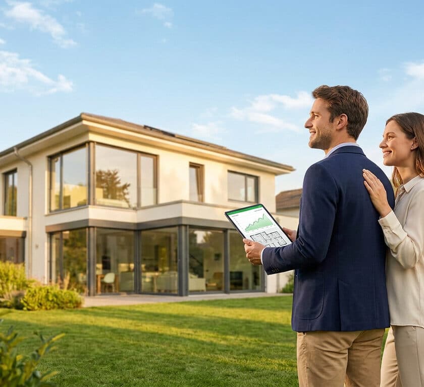 Un couple souriant regarde leur future maison en consultant un plan sur une tablette numérique dans le jardin.