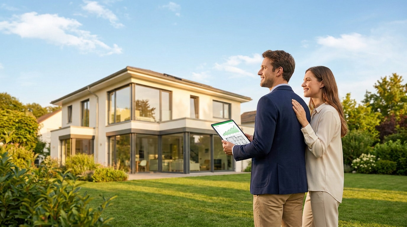 Un couple souriant regarde leur future maison en consultant un plan sur une tablette numérique dans le jardin.