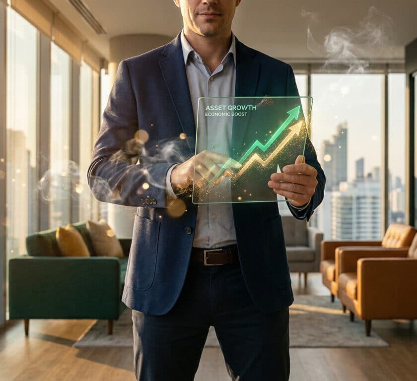 Un homme d'affaires en costume interagit avec une interface numérique holographique affichant une courbe de croissance.