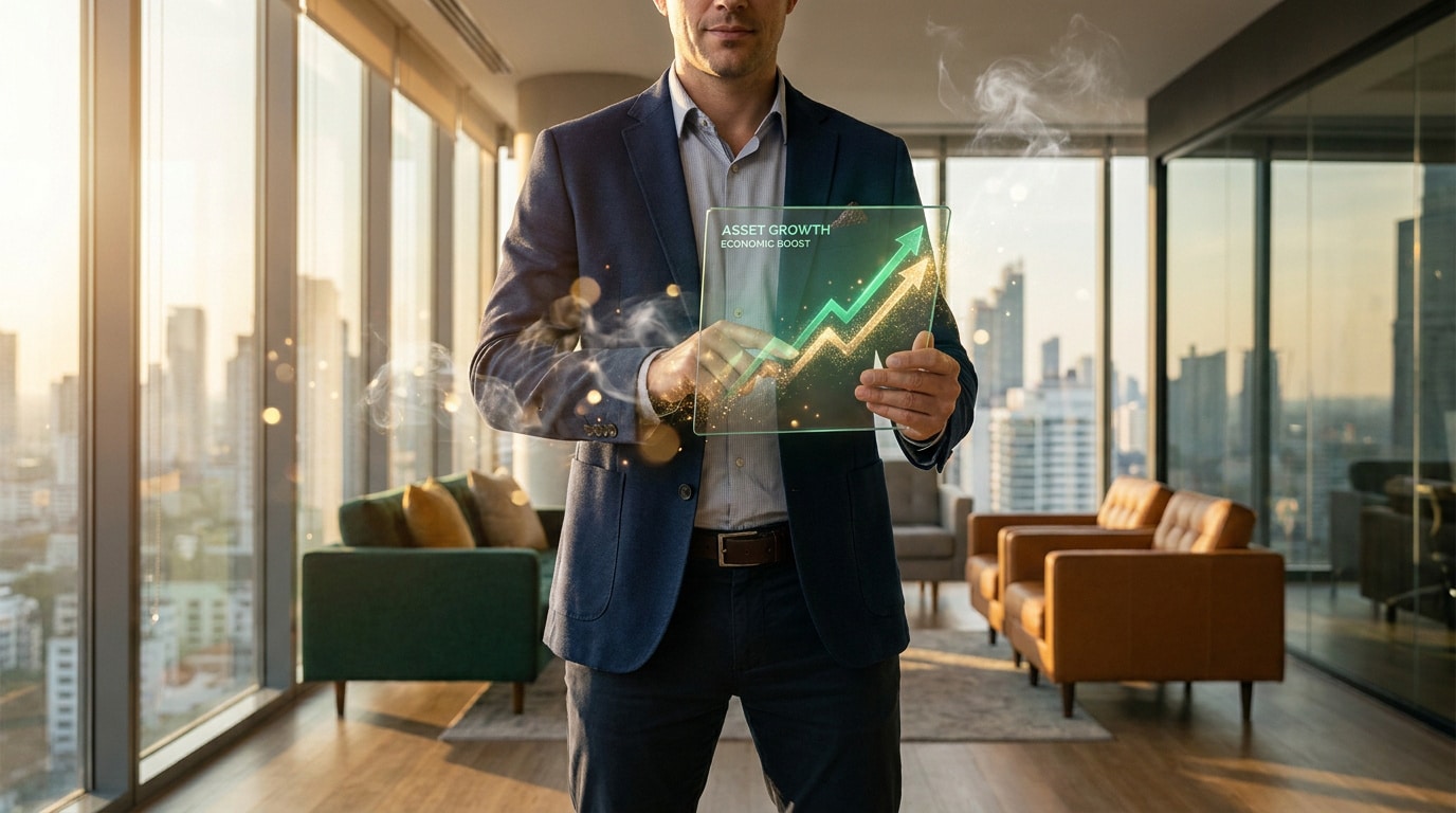 Un homme d'affaires en costume interagit avec une interface numérique holographique affichant une courbe de croissance.
